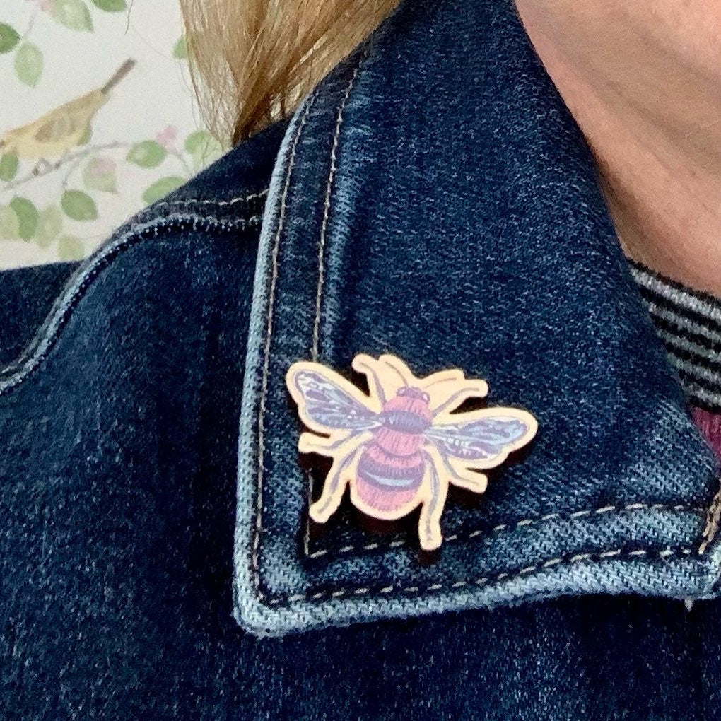 Honey Bee wooden pin badge