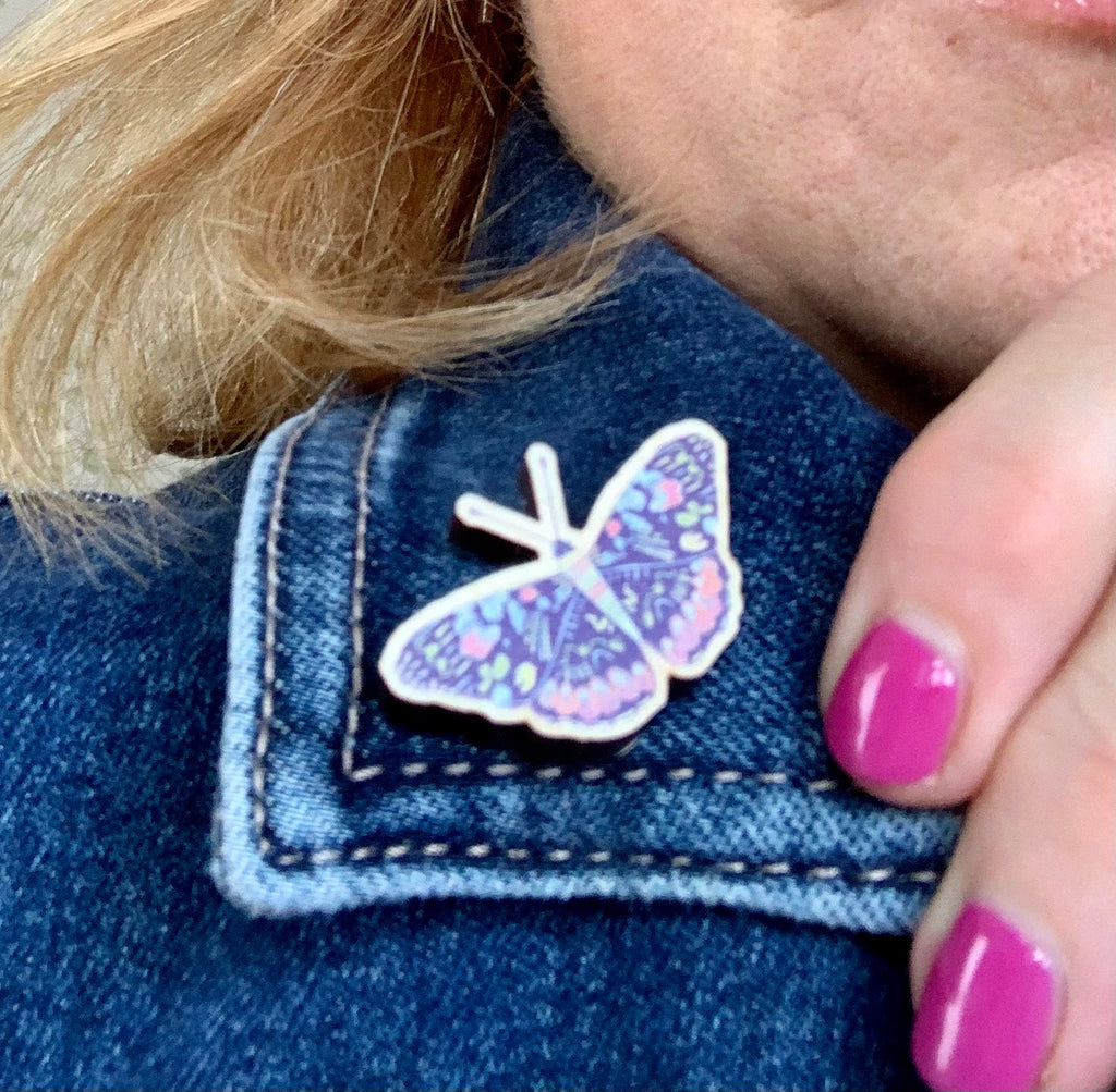 Butterfly wooden pin badge