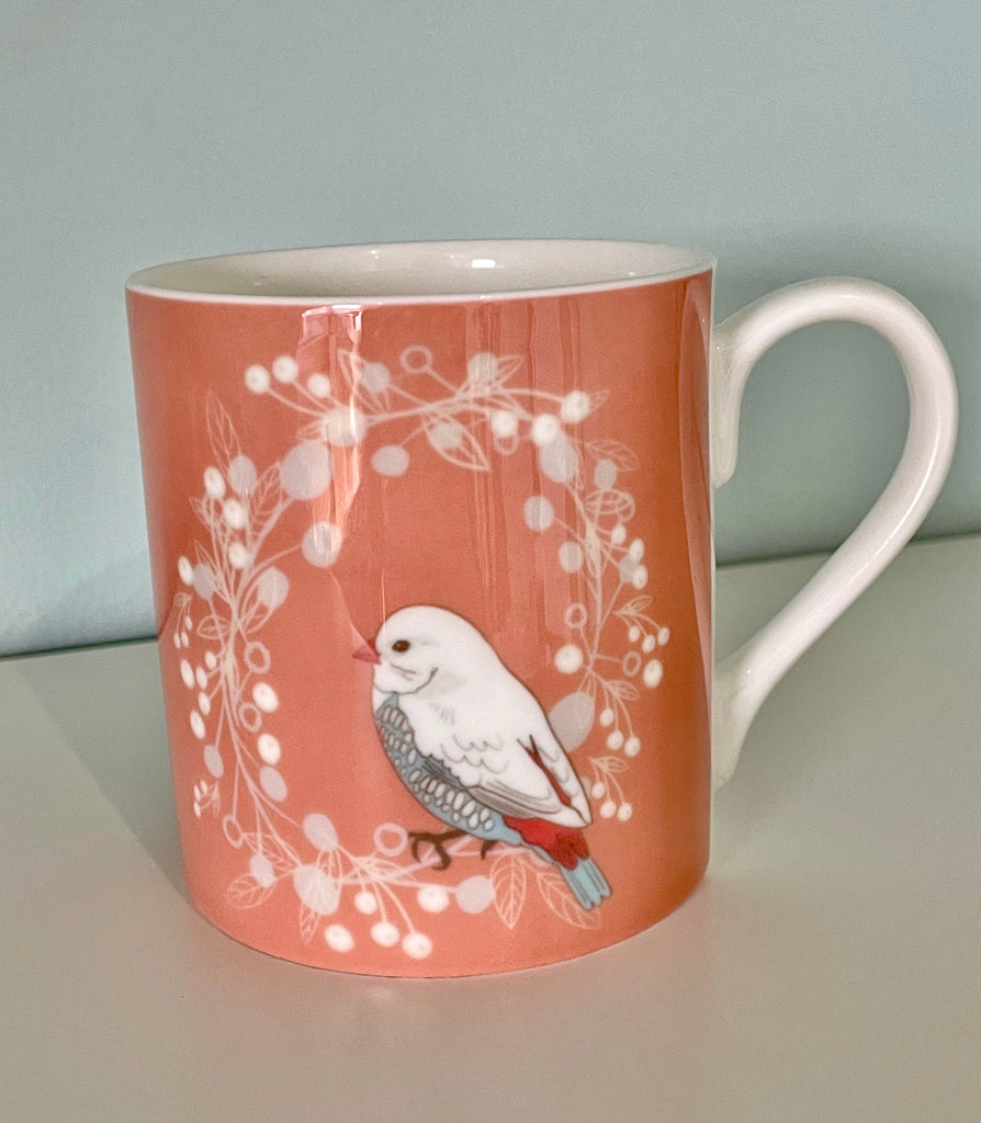 White bird on a wreath with berries and leaves  Fine Bone China Mug 9oz