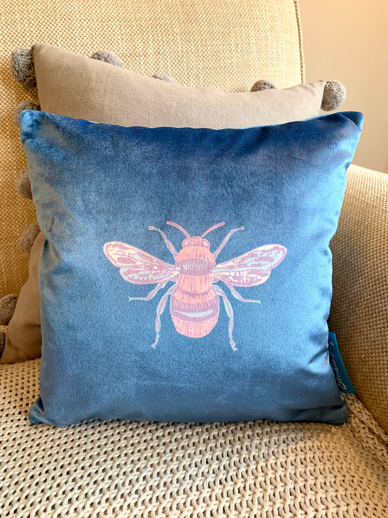 Jewel royal blue coloured Collection Honey Bee velvet Cushion with Feather Insert