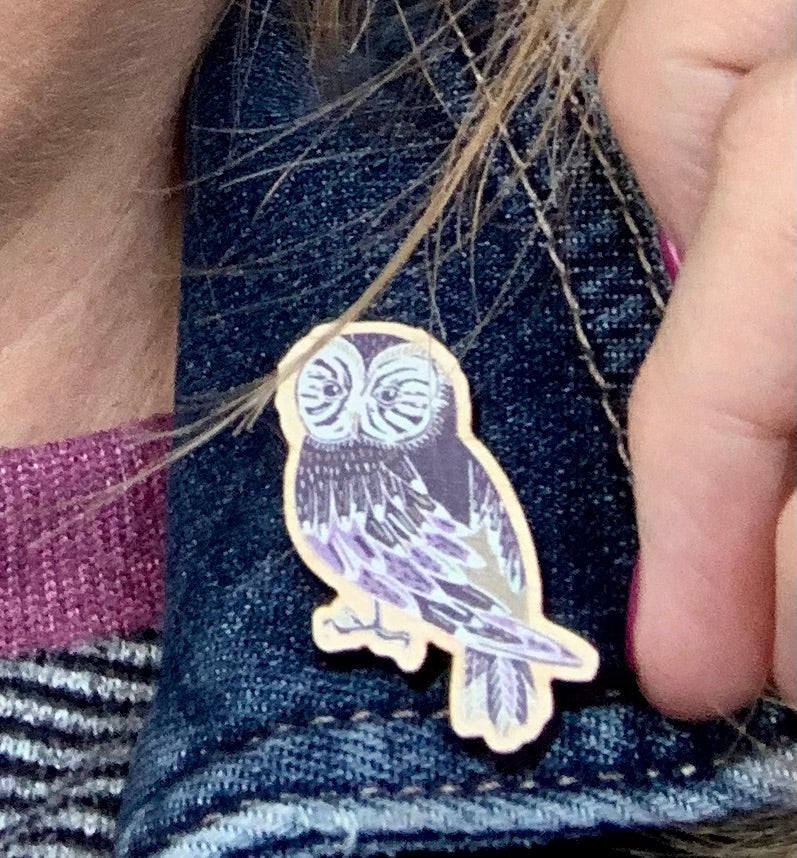 Owl wooden pin badge