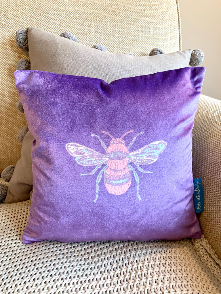 Jewel purple coloured Collection Honey Bee velvet Cushion with Feather Insert