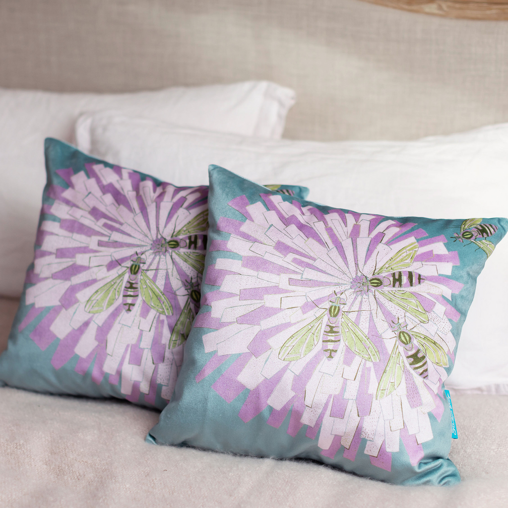 Bee on Flower Design Shimmer Velvet Cushion with Feather Insert