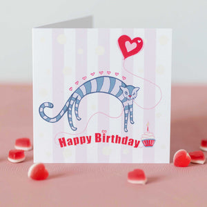 Kitten with Love Heart Balloon Happy Birthday Greeting Card