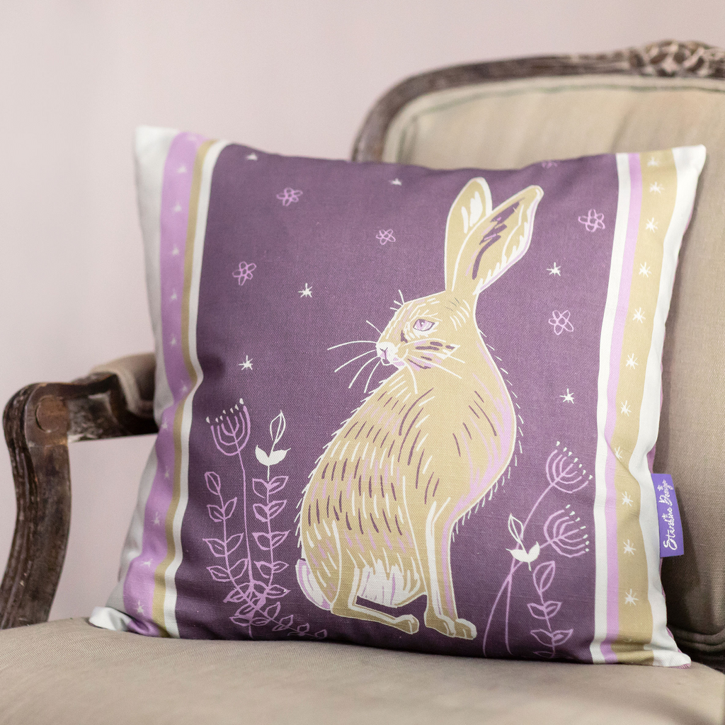 Woodland Collection Hare and Intricate Flower Design Cushion with Feather Insert