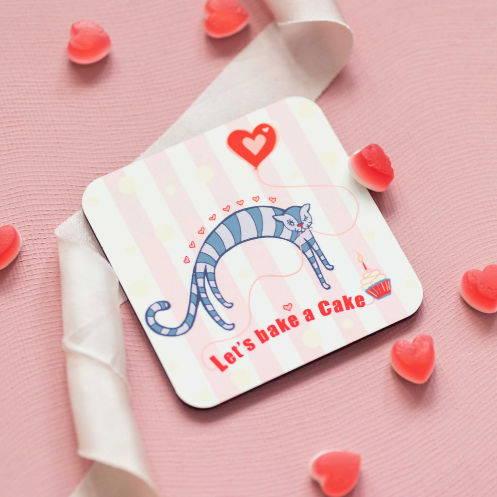 Set of 4 Cork Backed Let's Bake a Cake Love Heart Kitten Design Coaster