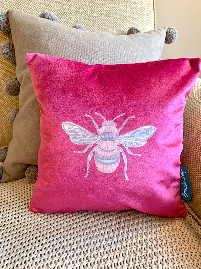 Jewel magenta coloured Collection Honey Bee velvet Cushion with Feather Insert