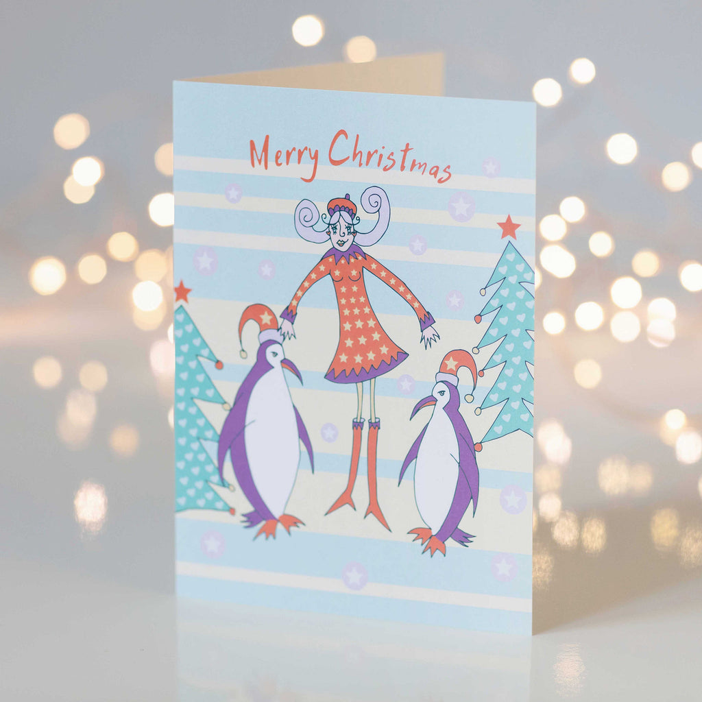 Festive Merry Christmas Penguins with Girl Design Greeting Card