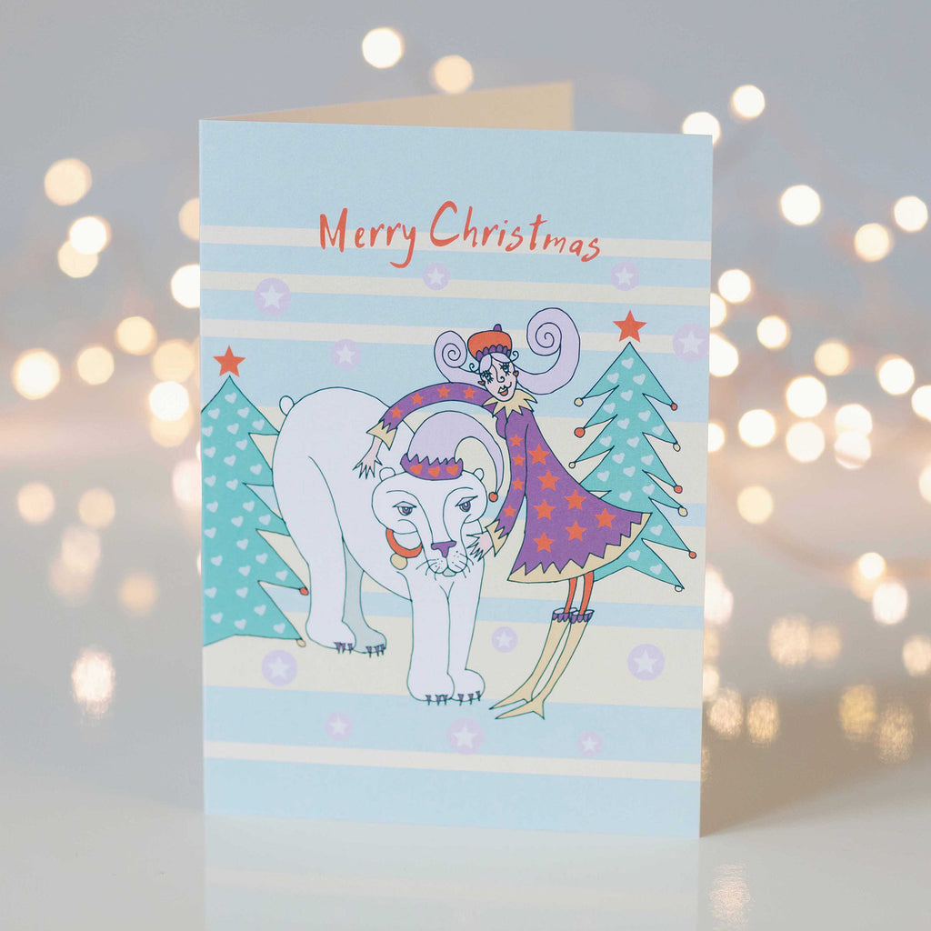 Festive Merry Christmas Polar Bear with Girl Design Greeting Card