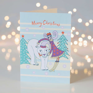Festive Merry Christmas Polar Bear with Girl Design Greeting Card
