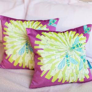Bee on Flower Design Shimmer Velvet Cushion with Feather Insert