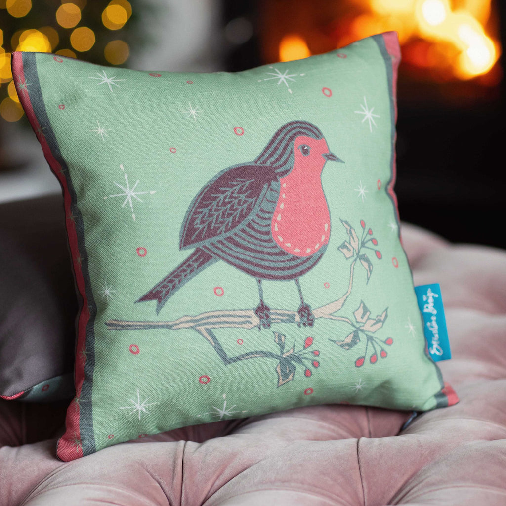 Festive Little Mr Robin Design Christmas Cushion