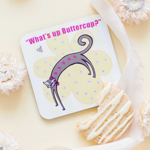 Set of 4 Cork Backed What's Up Buttercup Cat Design Drinks Coaster